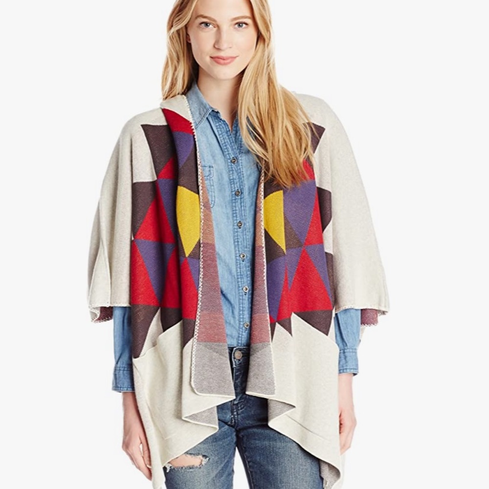 Billabong Geometric Print Oversized Hooded Poncho Cardigan Sweater Size Small